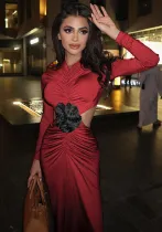 Women's Autumn And Winter Sexy Chic Flower Decoration Hollow Pleated Long Sleeve Dress