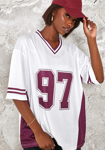 Women Autumn Street Casual Sports Style Printed Contrast Short Sleeve T-Shirt