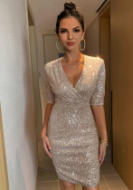 Autumn And Winter Women's Sexy V-Neck Bodycon Short Fashion Sequin Dress