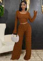 Off Shoulder Long Sleeve Short Top Fashion Slim Trousers  Women Two-Piece Set