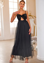 Mesh Sequin Strap Evening Dress Women's Long Formal Party Gown