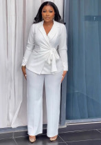 Solid Color Belt Blazer Wide Leg Pants Two-Piece Set