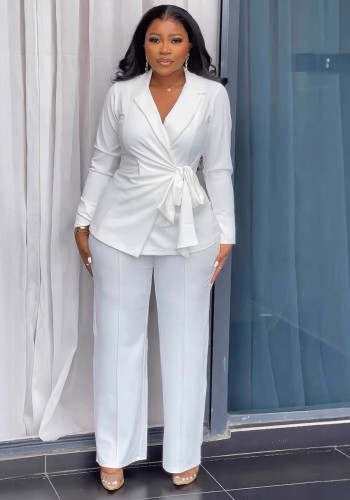 Solid Color Belt Blazer Wide Leg Pants Two-Piece Set