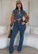 Leather Denim Patchwork Jacket Trousers Women's Two Piece Set