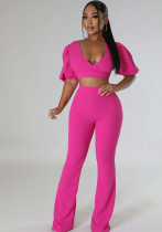 Solid Color Lantern Short-Sleeved Crop Top Slim Trousers Women's Two Piece Set