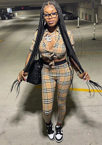 Women's Autumn And Winter Fashion Slim Plaid Print Shirt Trousers Two Piece Set