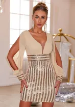 Deep V-Neck Long Sleeve Short Chic Luxury Sequin Evening Dress