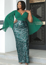 Plus Size Women's Long Cape V-Neck Formal Party Slim Sequin Evening Dress