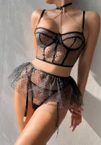 Women Polka Dot Three-Piece Chain with Steel Ring See-Through Sexy Lingerie