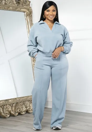 Women Fall and Winter Solid V-Neck Long Sleeve Top and Pant Casual Two-Piece Set