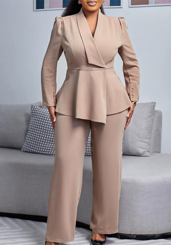 Women Elegant Ruffle Top Wide Leg Pants Two-Piece Set