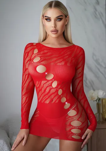Women Striped Temptation Hollow Rhinestone Long Sleeve Dress Sexy Lingerie