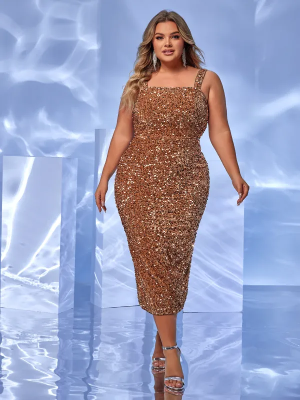 Plus Size Solid Color Square Neck Sequin Strap High Waist Evening Dress