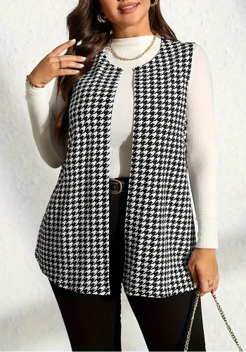 Plus Size Women Sleeveless Vest Houndstooth Jacket