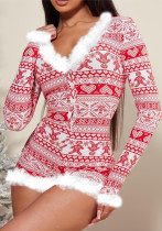 Women Christmas Print Raw Edge Cargo Jumpsuit