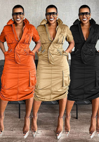 Women drawstring cargo dress