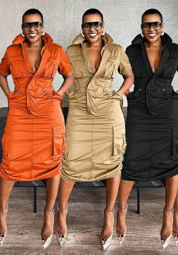 Women drawstring cargo dress