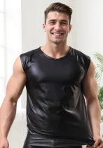 Men Pu-Leather Round Neck Short Sleeve Tank Top Sexy Lingerie