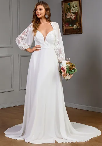 Women's Long-Sleeved V-Neck Lace Patchwork Wedding Dress