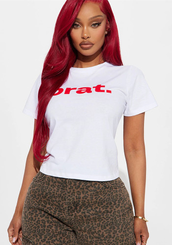 Autumn Casual Letter Print Street Fashion Slim Short Sleeve Top T-Shirt Women's Clothing