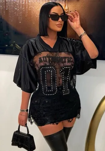 Autumn Print Loose Casual Street See-Through Lace Patchwork T-Shirt Short Sleeve Top