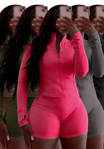 Spring Sports Casual Tight Fitting Long Sleeve Two-Piece Shorts Set