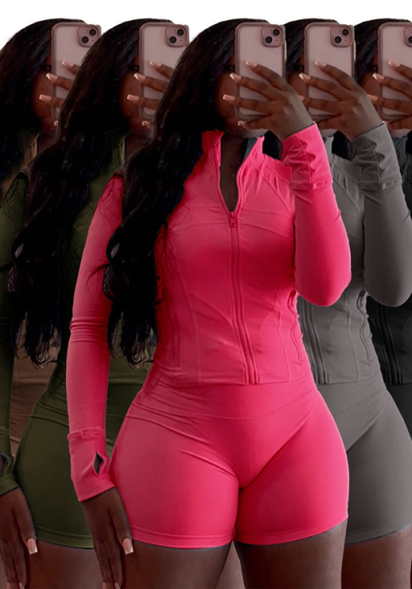 Spring Sports Casual Tight Fitting Long Sleeve Two-Piece Shorts Set