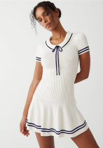 Autumn Chic Girl Elastic Slim Waist Contrast Color Turndown Collar Short Sleeve Pleated Dress