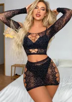 Sexy Lingerie Beaded Off Shoulder Hollow Low Back Long-Sleeved Mesh Sexy Skirt Set