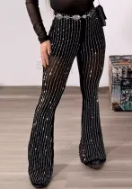 Women's black sexy See-Through Mesh Beaded high waist Tight Fitting Bell Bottom pants