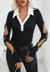Contrast Deep V Turndown Collar Sexy Bodysuit Hollow Bowknot Long Sleeve Slim Fit Knitting Top