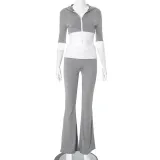 Women contrast color Patchwork hooded Top and Bell-Bottom Pants two-piece set