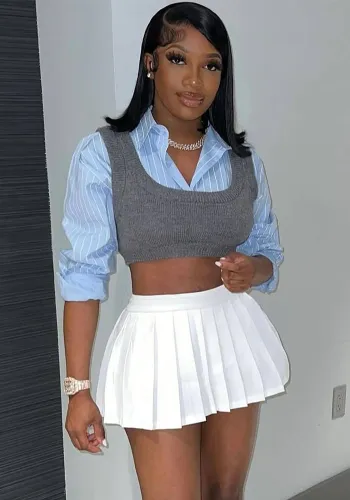 Fashionable striped shirt pleated skirt two piece set