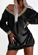 Women's sequin ribbon Patchwork Velvet long sleeve Casual dress