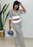 Women contrast color Patchwork hooded Top and Bell-Bottom Pants two-piece set