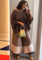 Plus Size Women African pleated irregular Top color matching wide-leg pants two-piece set