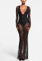 Women V Neck lace patchwork sexy maxi dress