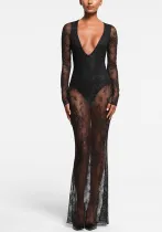 Women V Neck lace patchwork sexy maxi dress