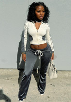 Women's autumn and winter contrast color zipper top elastic high waist trousers two piece set