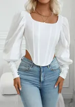 Women's Slim Chic Long Sleeve Square Neck Lace-Up Fishbone Shirt Top
