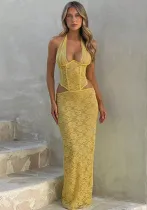 Autumn Fashion Chic Lace Deep V Sexy Halter Neck Hollow long Dress