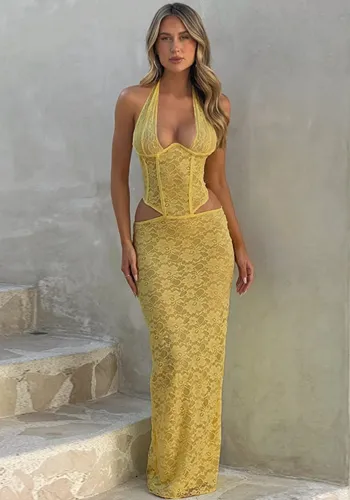 Autumn Fashion Chic Lace Deep V Sexy Halter Neck Hollow long Dress