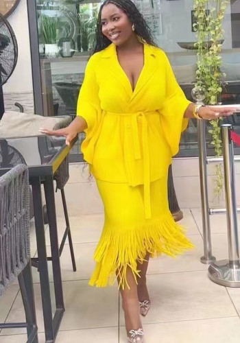 Plus Size Women Turndown Collar pleated Top and tassel Skirt two-piece set