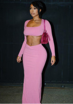 Women winter long sleeve square neck crop top bodycon skirt two-piece set