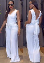 Women's spring solid color Low Back bow top wide leg pants Casual two piece set