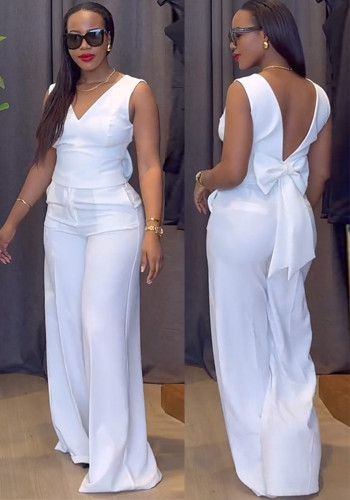 Women's spring solid color Low Back bow top wide leg pants Casual two piece set