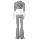Women contrast color Patchwork hooded Top and Bell-Bottom Pants two-piece set