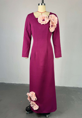Women's Spring Chic Elegant Square Neck Flower High Waist Slim Fit long Dress