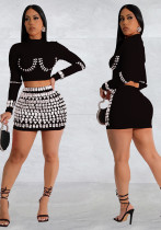 Women long sleeve sexy Top and Bodycon Beaded Skirt two-piece set（customized,MOQ 6pcs/size/color,process time 7-10 days）