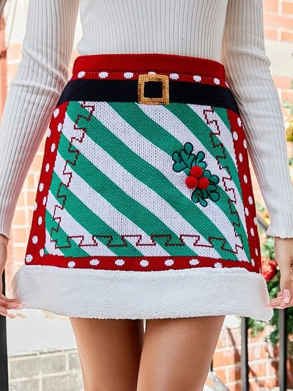 Women Christmas Patchwork Knittinga skirt